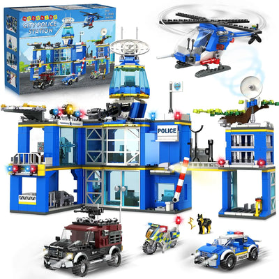 HOGOKIDS City Police Station Building Set - 1260 PCS Police Building Block Toys with Helicopter Motorcycle Police Vehicle Bandit Car STEM Police Construction Toy for Kids Boys Girls Ages 8-12+ Years
